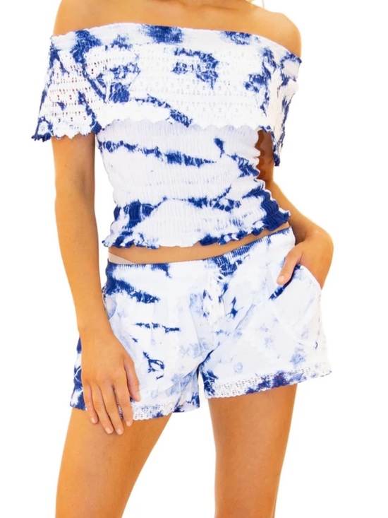 Seaspice Pants - Seaspice Resort Wear Blue & White Tie-Dye Off-Shoulder Top & Shorts Set Size M